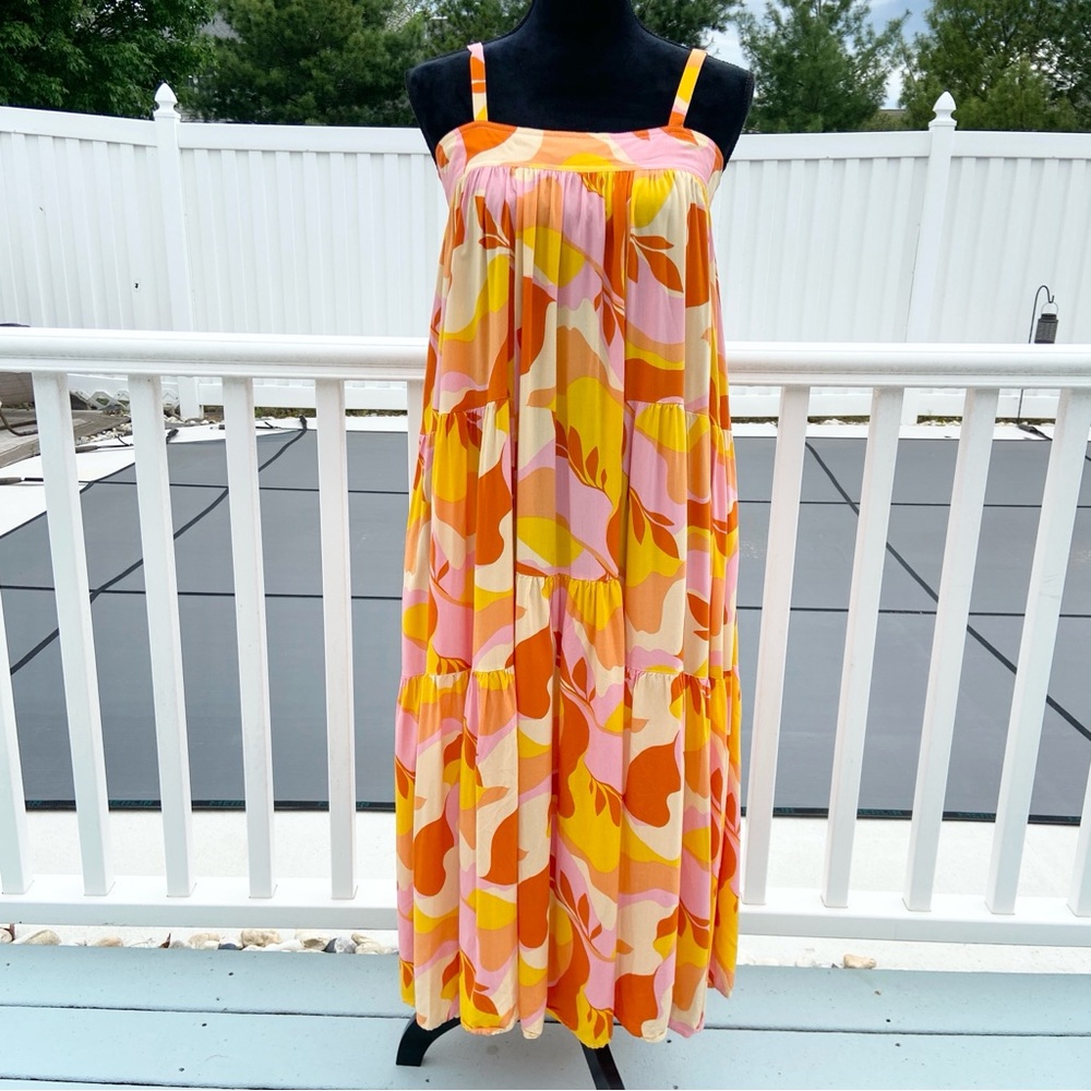 ANTHROPOLOGIE ABEL THE LABEL Sunset Floral Tiered Boho Tropical Maxi Dress Small